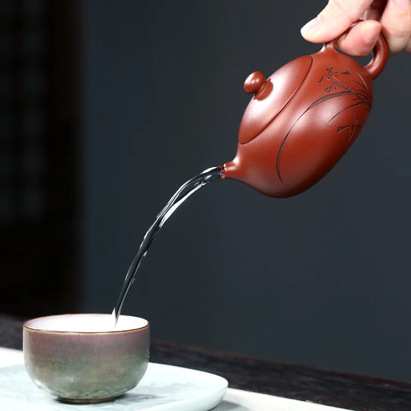 宜兴紫砂壶纯手工家用泡茶套装原矿大红袍功夫茶具扁西施壶210ml - 6