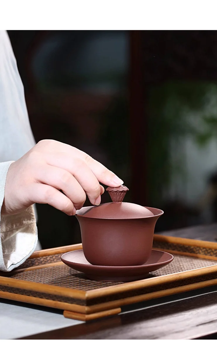 紫砂三才盖碗单个茶碗带盖紫砂杯不烫手敬茶杯茶具三泡台青莲盖碗 详情图 9