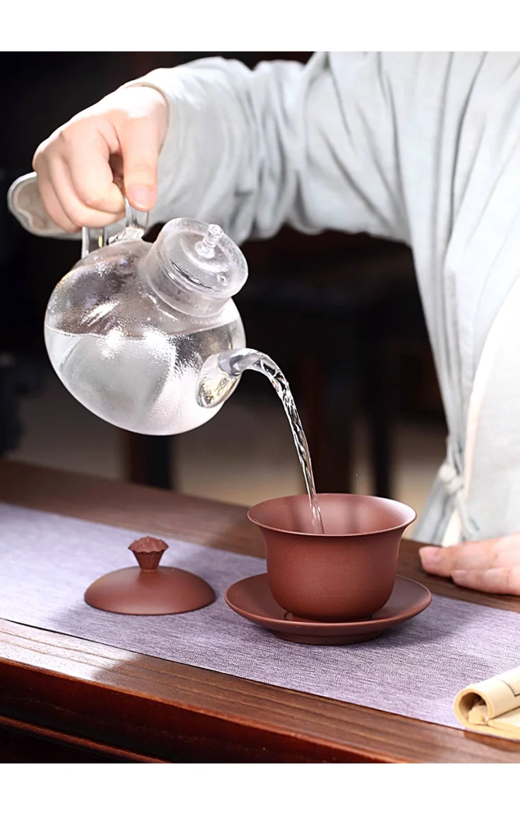 紫砂三才盖碗单个茶碗带盖紫砂杯不烫手敬茶杯茶具三泡台青莲盖碗 详情图 11