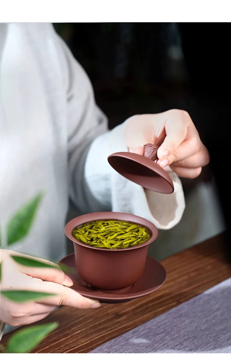 紫砂三才盖碗单个茶碗带盖紫砂杯不烫手敬茶杯茶具三泡台青莲盖碗 详情图 14