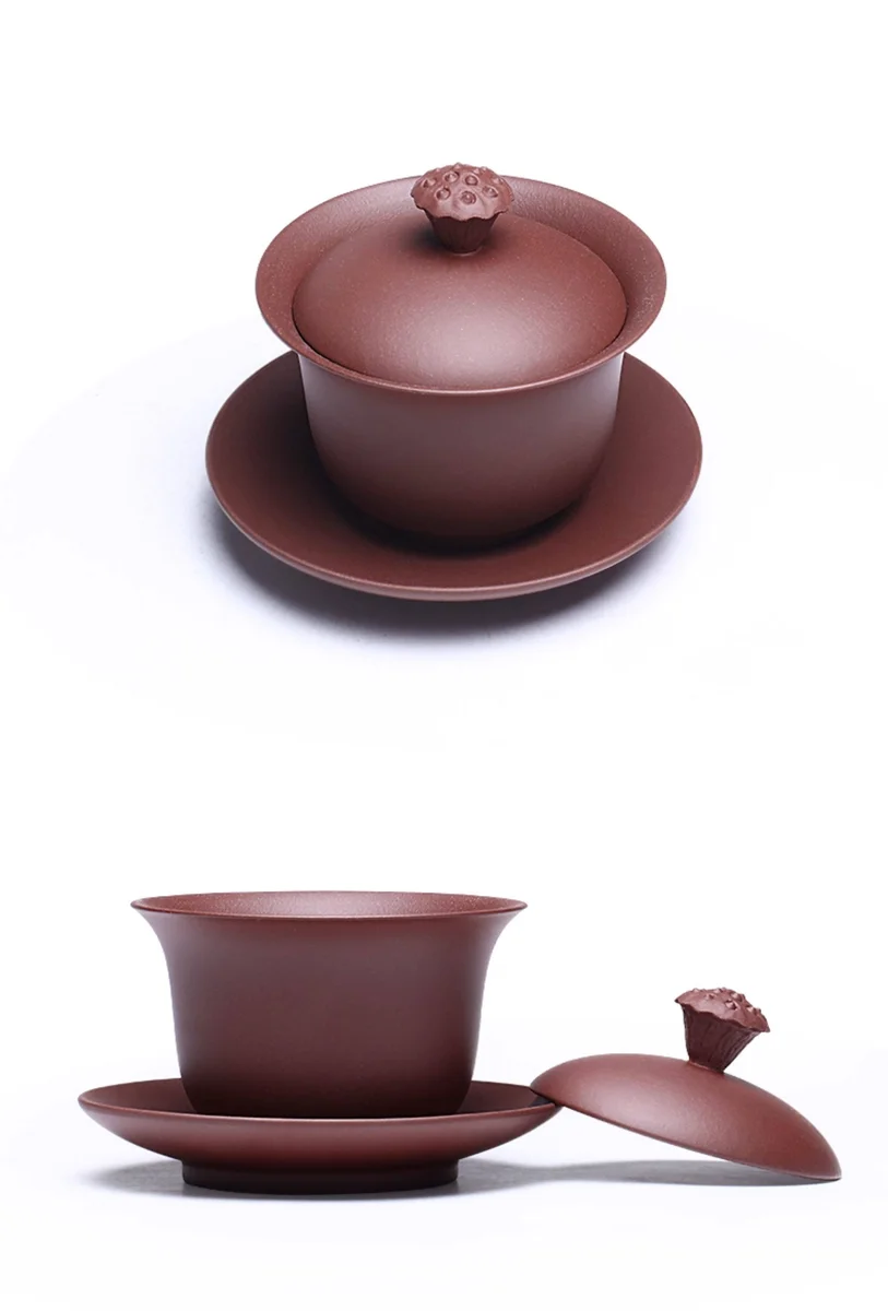 紫砂三才盖碗单个茶碗带盖紫砂杯不烫手敬茶杯茶具三泡台青莲盖碗 详情图 17