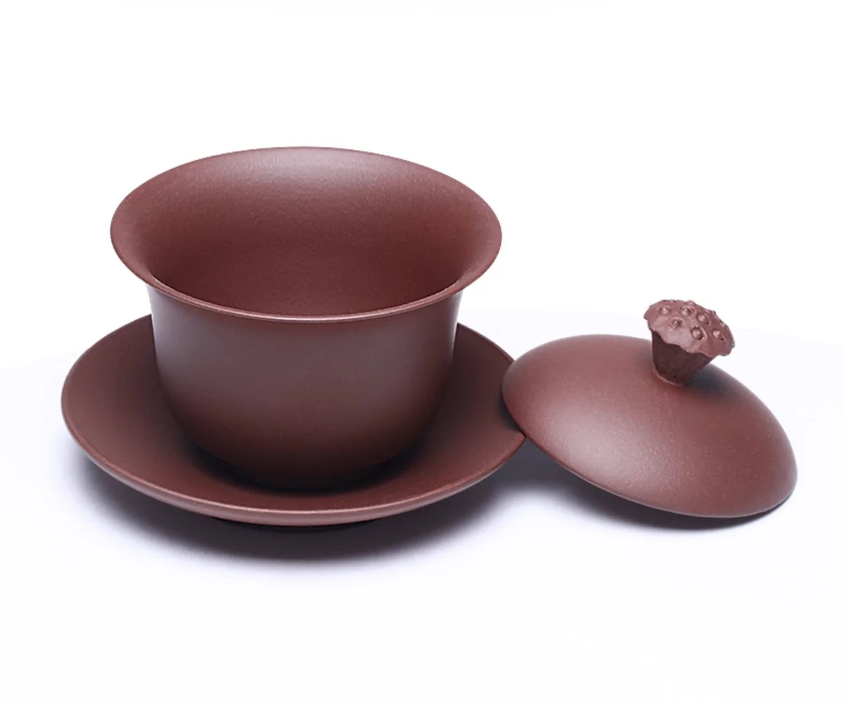 紫砂三才盖碗单个茶碗带盖紫砂杯不烫手敬茶杯茶具三泡台青莲盖碗 详情图 18
