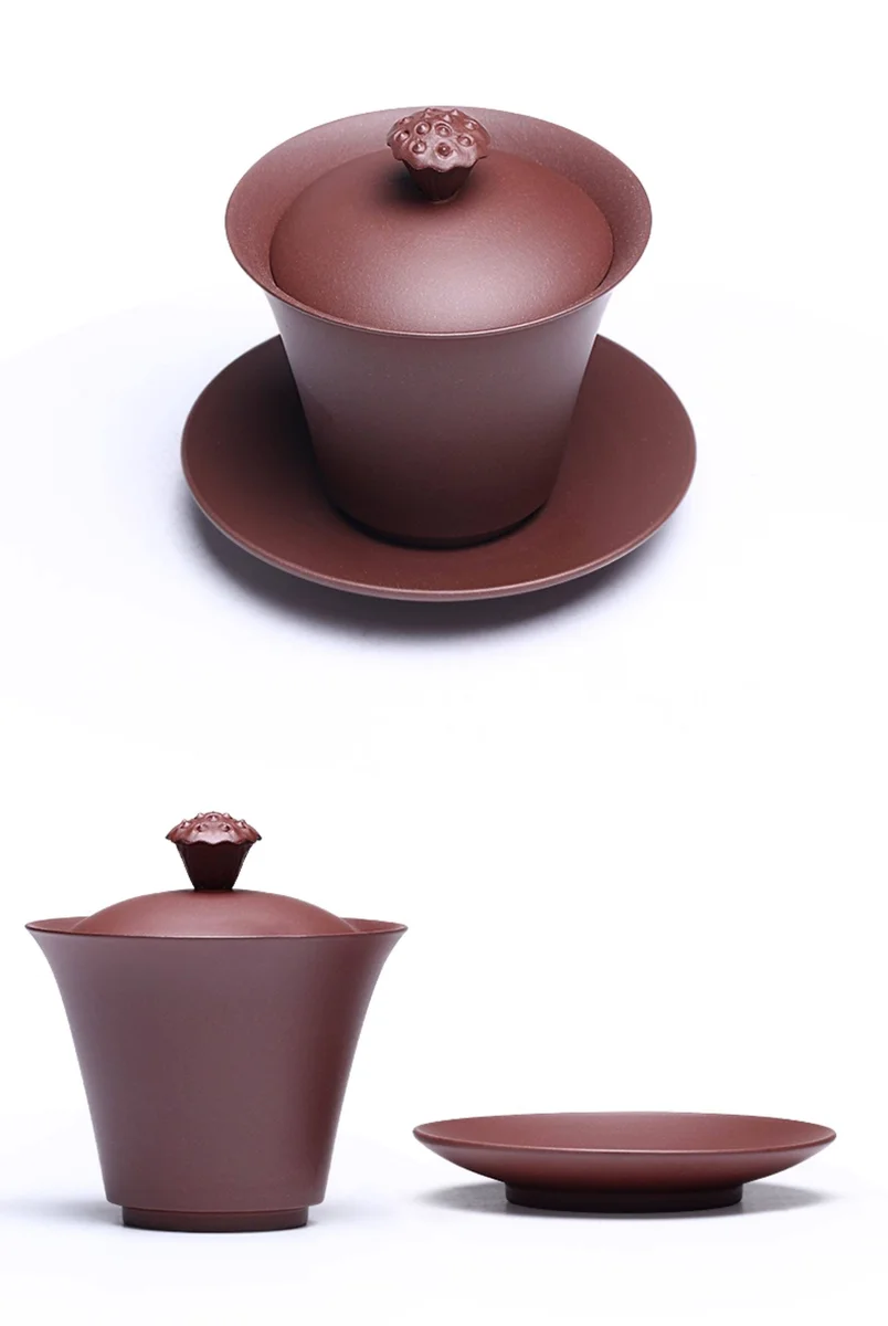 紫砂三才盖碗单个茶碗带盖紫砂杯不烫手敬茶杯茶具三泡台青莲盖碗 详情图 21