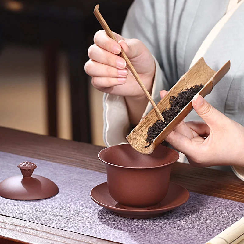 紫砂三才盖碗单个茶碗带盖紫砂杯不烫手敬茶杯茶具三泡台青莲盖碗 - 5