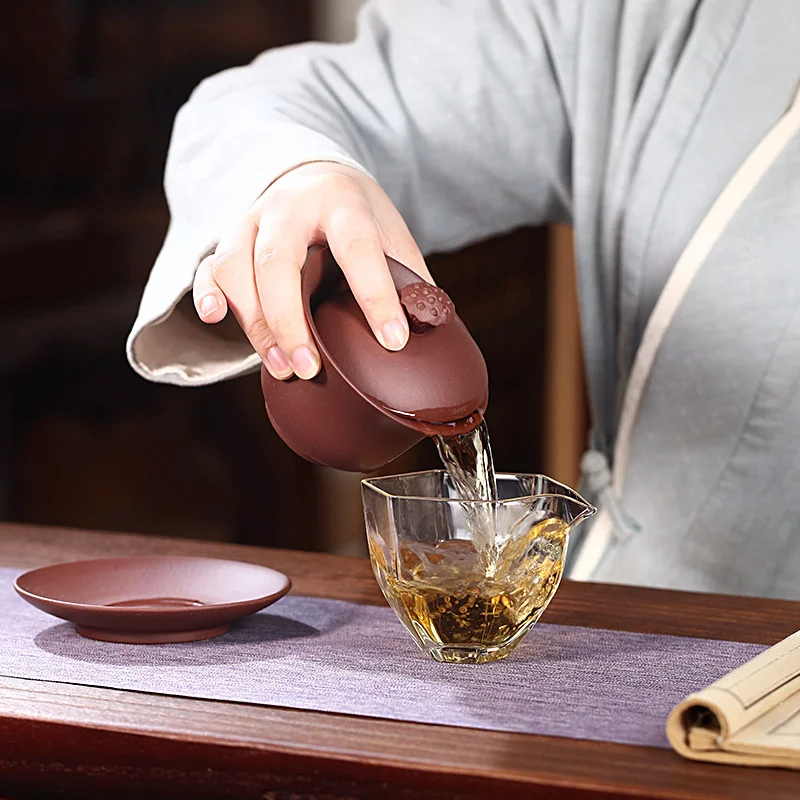 紫砂三才盖碗单个茶碗带盖紫砂杯不烫手敬茶杯茶具三泡台青莲盖碗 - 6