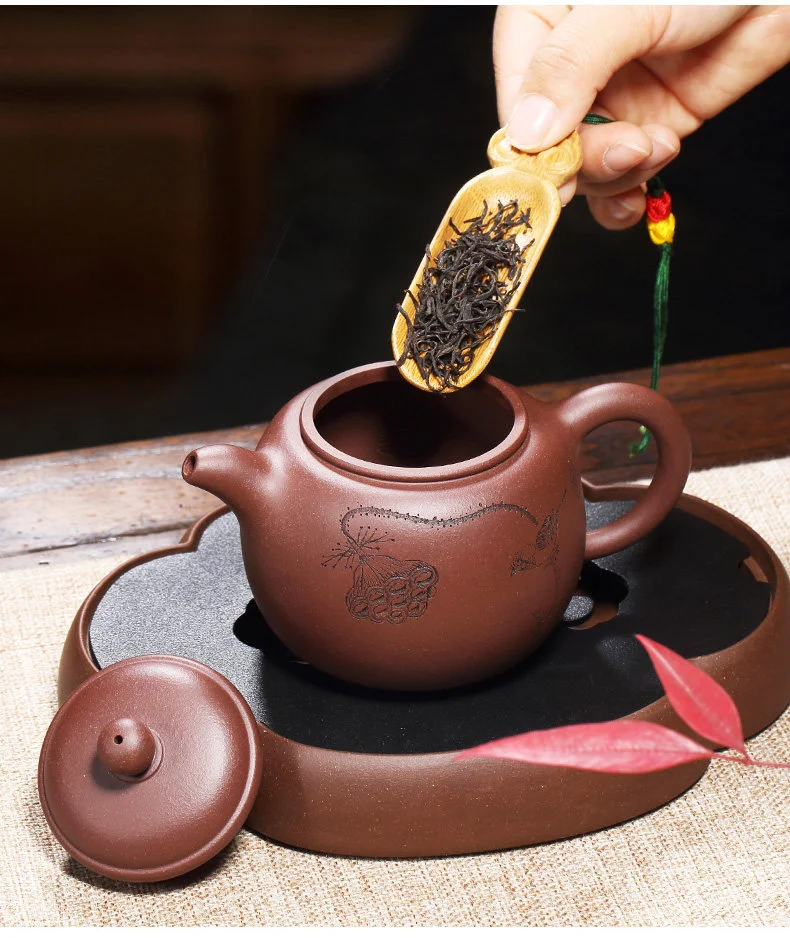 宜兴紫砂壶纯手工刻绘家用紫砂茶具原矿紫泥泡茶壶清莲生香匏尊壶 详情图 11
