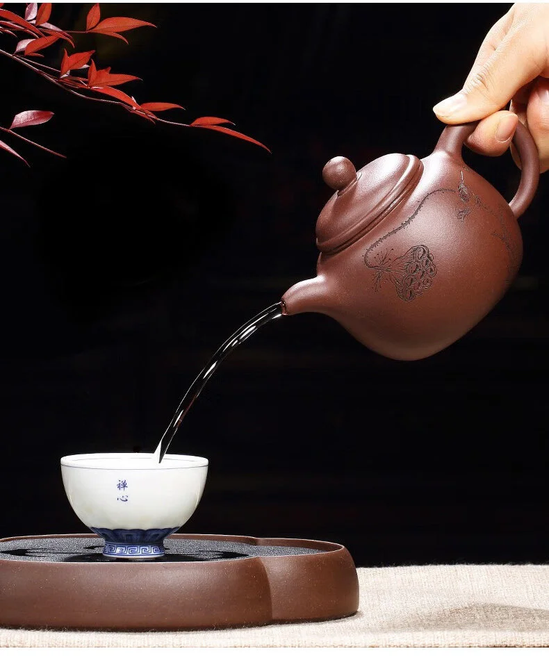 宜兴紫砂壶纯手工刻绘家用紫砂茶具原矿紫泥泡茶壶清莲生香匏尊壶 详情图 13