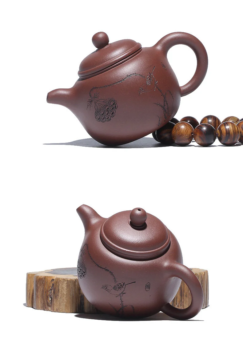 宜兴紫砂壶纯手工刻绘家用紫砂茶具原矿紫泥泡茶壶清莲生香匏尊壶 详情图 16