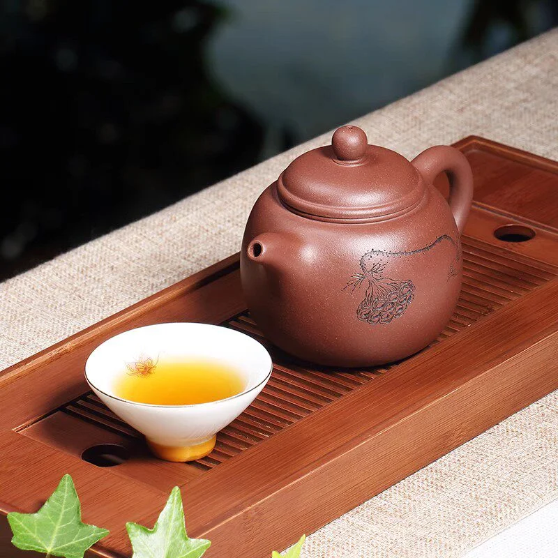 宜兴紫砂壶纯手工刻绘家用紫砂茶具原矿紫泥泡茶壶清莲生香匏尊壶 - 4