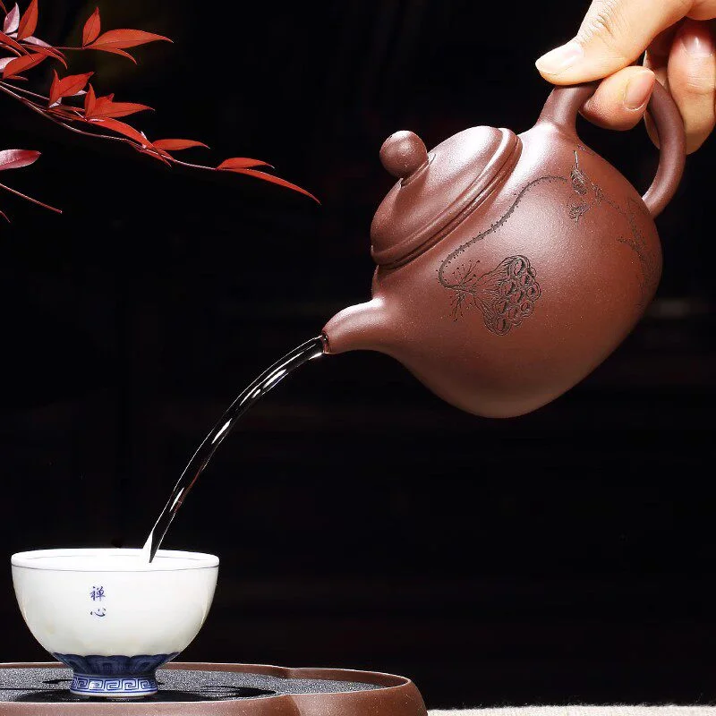 宜兴紫砂壶纯手工刻绘家用紫砂茶具原矿紫泥泡茶壶清莲生香匏尊壶 - 5