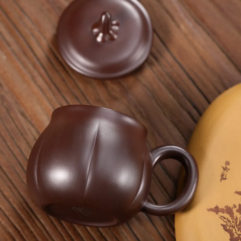 宜兴紫砂杯纯手工仿生泡茶杯带盖个人专用办公杯茶具紫泥金瓜盖杯 - 5
