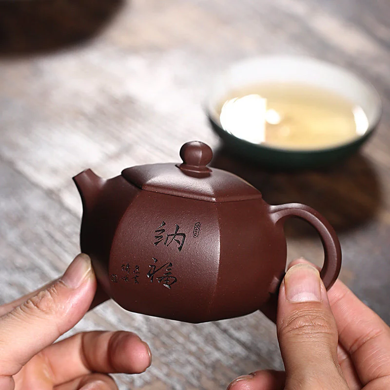 原矿老紫泥宜兴紫砂壶纯手工刻绘小容量家用茶具泡茶壶六方纳福壶 - 5