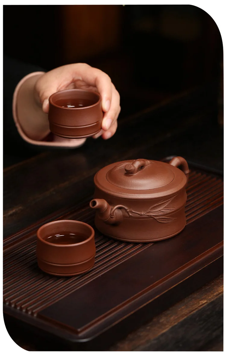 宜兴紫砂壶纯手工贴竹叶茶壶泡茶家用紫泥紫砂茶具套装一品竹段壶 详情图 8