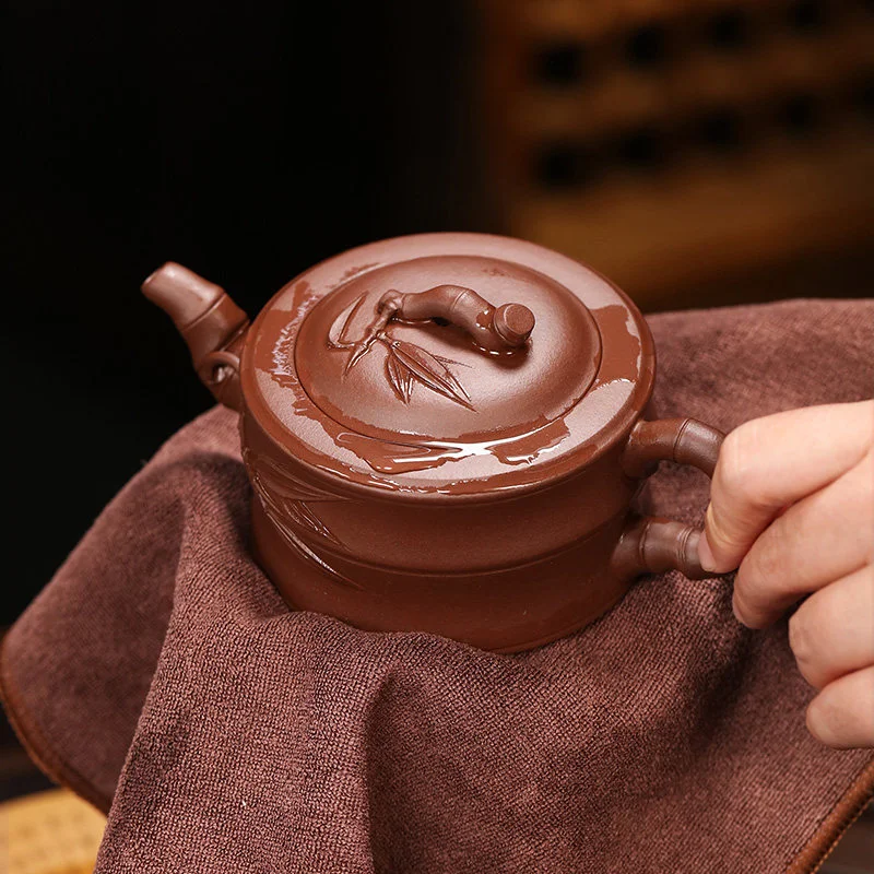 宜兴紫砂壶纯手工贴竹叶茶壶泡茶家用紫泥紫砂茶具套装一品竹段壶 - 5