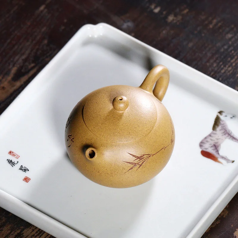 宜兴紫砂壶纯手工刻绘竹韵清风小容量泡茶壶黄金段泥紫砂茶具西施 - 5