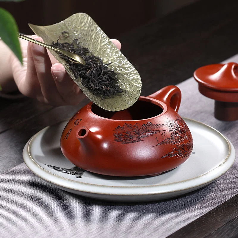 宜兴紫砂壶纯手工名家刻绘紫砂茶具单壶原矿大红袍泡茶壶扁石瓢壶 - 5