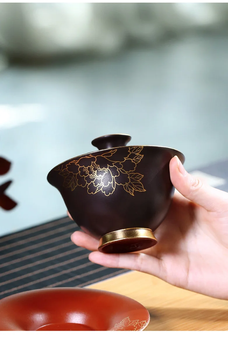 紫砂三才盖碗茶杯单个茶碗带盖不烫手敬茶杯紫砂杯茶具三泡台盖碗 详情图 10