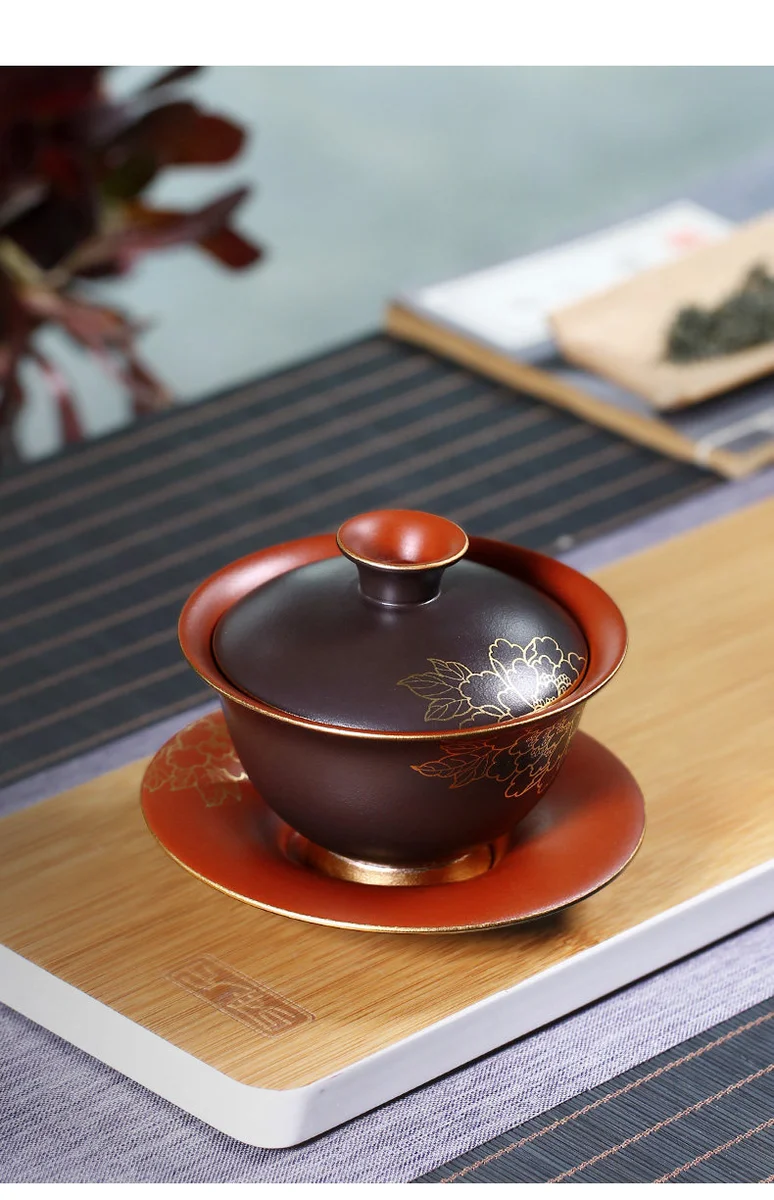 紫砂三才盖碗茶杯单个茶碗带盖不烫手敬茶杯紫砂杯茶具三泡台盖碗 详情图 11