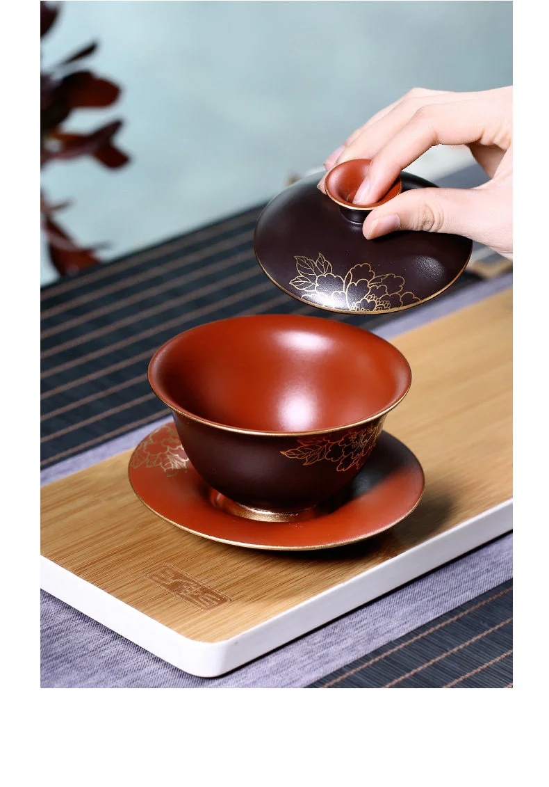 紫砂三才盖碗茶杯单个茶碗带盖不烫手敬茶杯紫砂杯茶具三泡台盖碗 详情图 3
