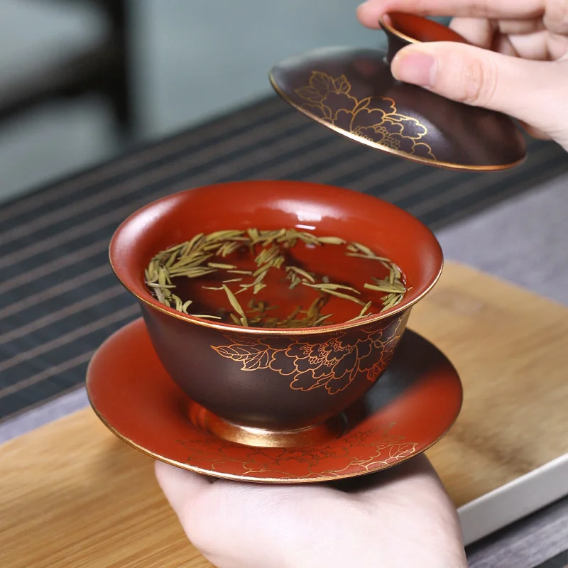 紫砂三才盖碗茶杯单个茶碗带盖不烫手敬茶杯紫砂杯茶具三泡台盖碗 - 4