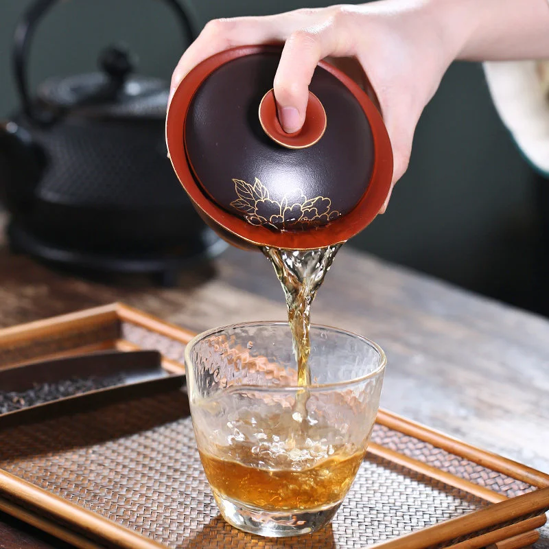 紫砂三才盖碗茶杯单个茶碗带盖不烫手敬茶杯紫砂杯茶具三泡台盖碗 - 5