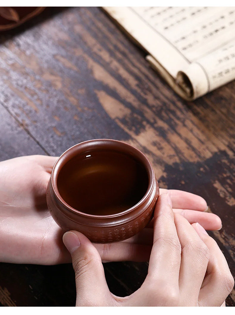 藏壶天下宜兴紫砂品茗杯纯全手工刻字茶杯紫泥柴烧窑变心经主人杯 详情图 17