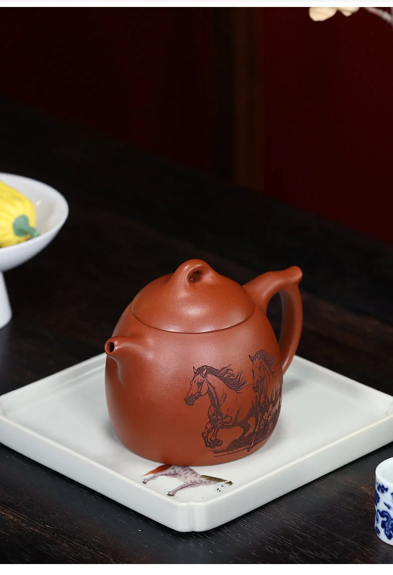 宜兴紫砂壶手工茶壶泡茶家用刻生肖马紫砂茶具单壶橘黄朱泥秦权壶 详情图 17