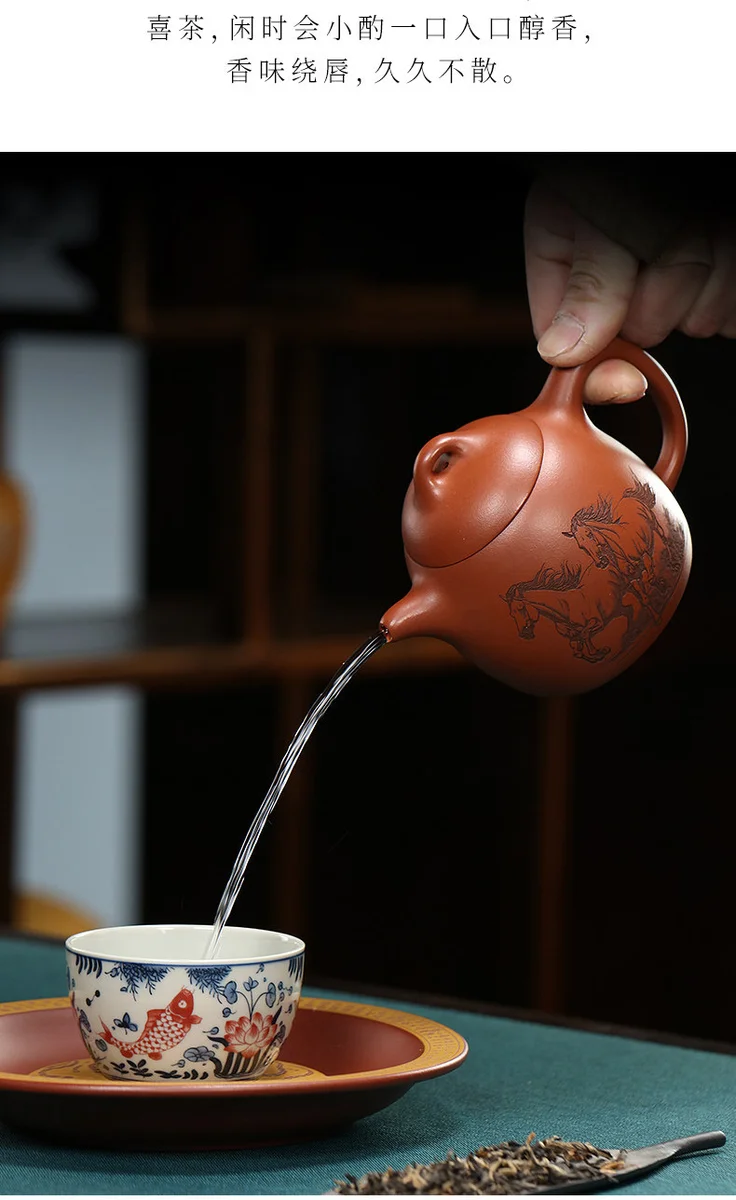 宜兴紫砂壶手工茶壶泡茶家用刻生肖马紫砂茶具单壶橘黄朱泥秦权壶 详情图 21