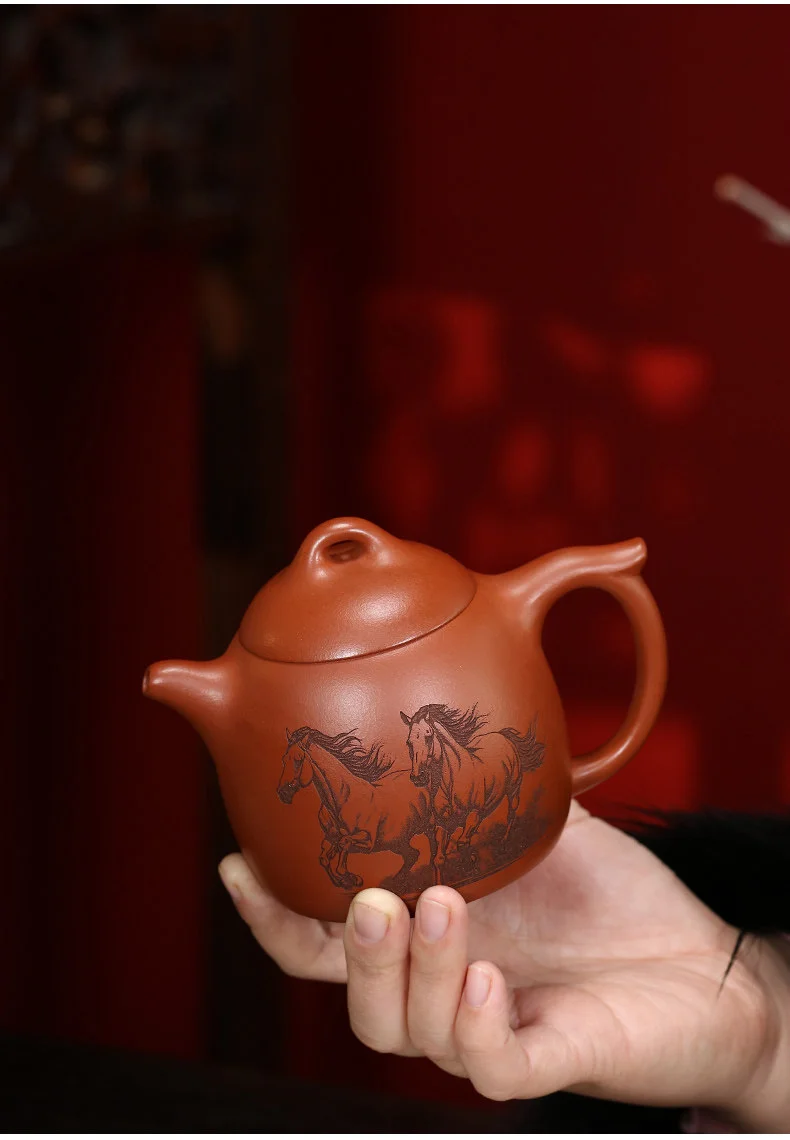 宜兴紫砂壶手工茶壶泡茶家用刻生肖马紫砂茶具单壶橘黄朱泥秦权壶 详情图 4