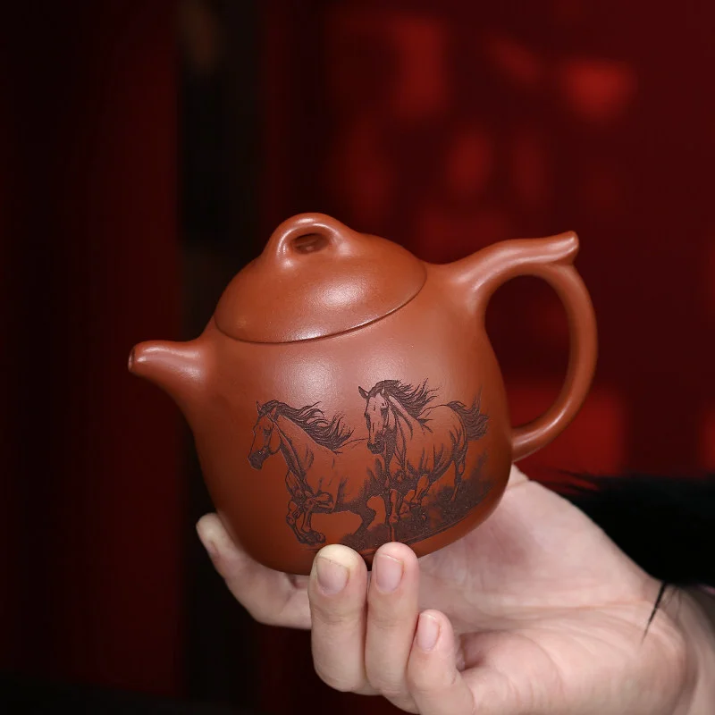 宜兴紫砂壶手工茶壶泡茶家用刻生肖马紫砂茶具单壶橘黄朱泥秦权壶 - 5