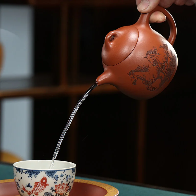 宜兴紫砂壶手工茶壶泡茶家用刻生肖马紫砂茶具单壶橘黄朱泥秦权壶 - 6