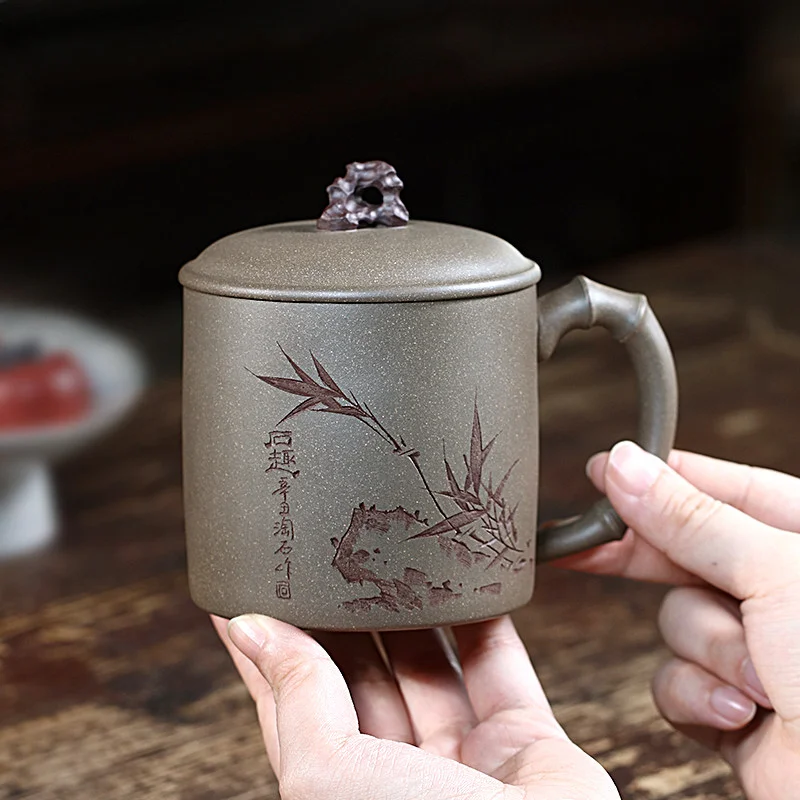 个人专用茶杯办公茶具宜兴紫砂杯男士泡茶杯带盖纯手工太湖石盖杯 - 5