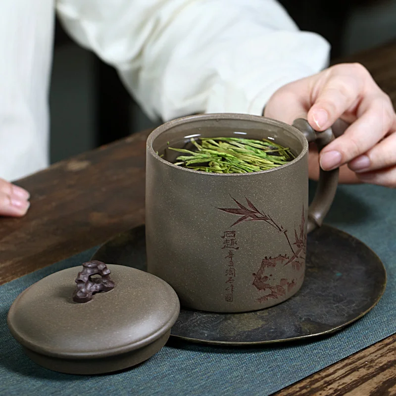 个人专用茶杯办公茶具宜兴紫砂杯男士泡茶杯带盖纯手工太湖石盖杯 - 6