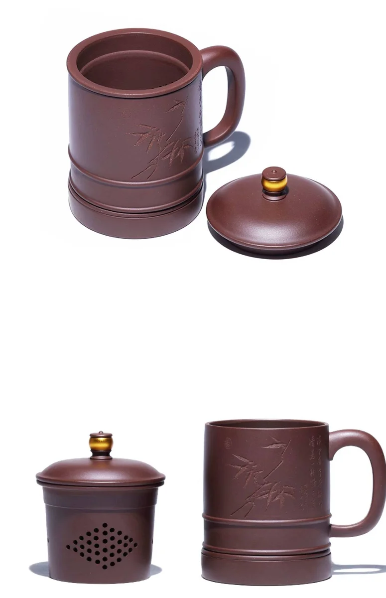 藏壶天下宜兴原矿紫泥紫砂杯全手工刻绘办公盖杯时来运转隔舱杯 详情图 15