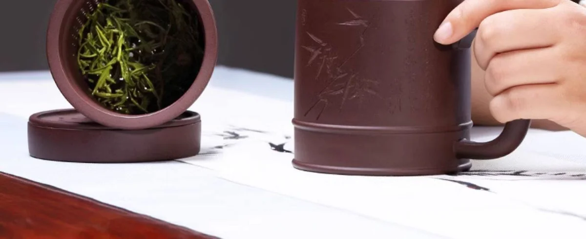 藏壶天下宜兴原矿紫泥紫砂杯全手工刻绘办公盖杯时来运转隔舱杯 详情图 5