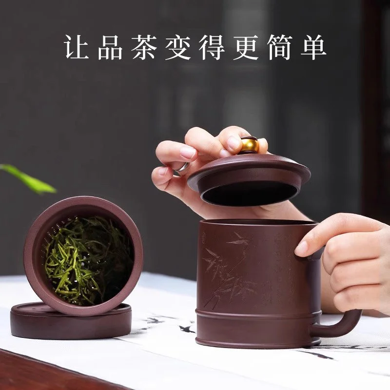 藏壶天下宜兴原矿紫泥紫砂杯全手工刻绘办公盖杯时来运转隔舱杯 - 5