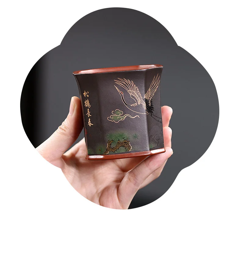 宜兴紫砂品茗杯功夫茶杯纯手工刻绘松鹤主人杯个人专用茶盏茶碗 详情图 9