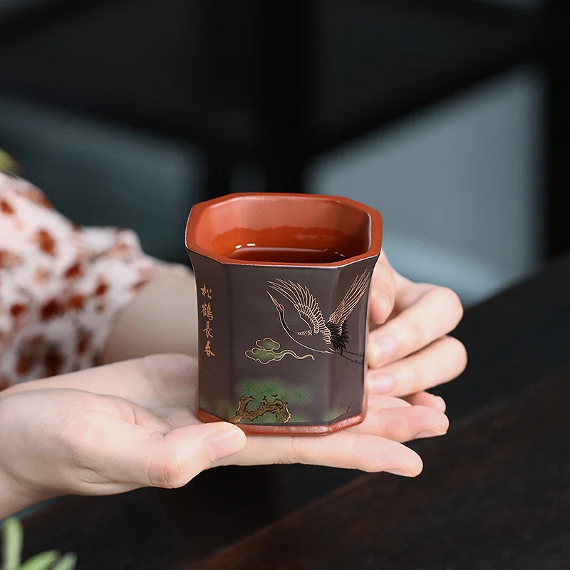 宜兴紫砂品茗杯功夫茶杯纯手工刻绘松鹤主人杯个人专用茶盏茶碗 - 5