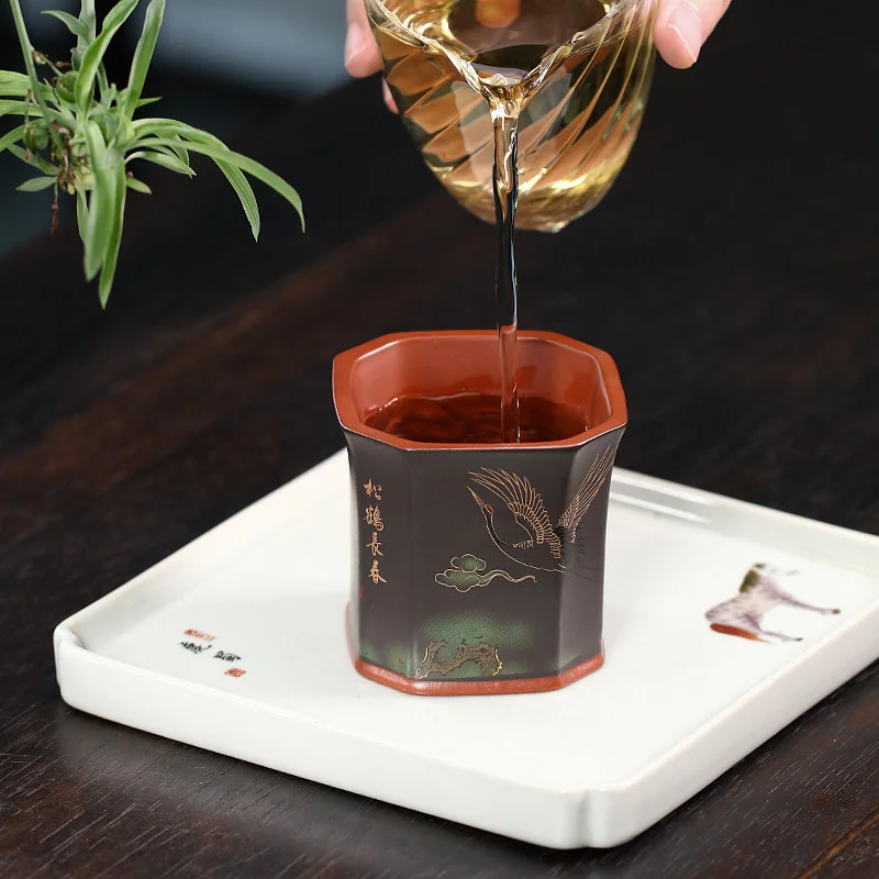 宜兴紫砂品茗杯功夫茶杯纯手工刻绘松鹤主人杯个人专用茶盏茶碗 - 6