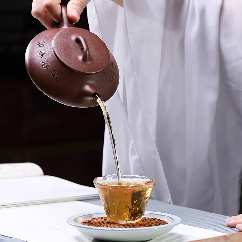 正宗宜兴紫砂壶纯手工刻绘泡茶壶原矿紫泥家用功夫茶具套装石瓢壶 - 5