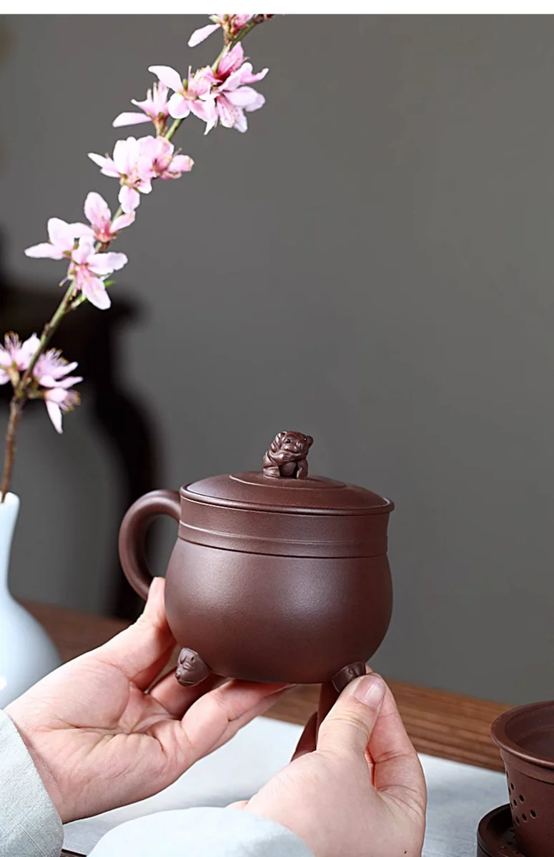 宜兴紫砂杯纯手工内胆过滤茶水分离泡茶杯带盖紫泥狮球隔舱盖杯 详情图 10