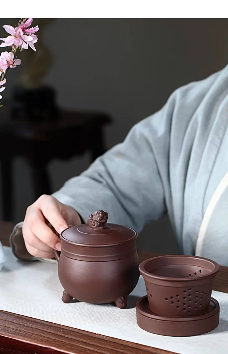 宜兴紫砂杯纯手工内胆过滤茶水分离泡茶杯带盖紫泥狮球隔舱盖杯 详情图 18