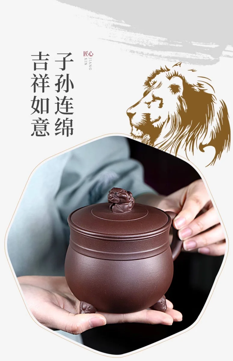宜兴紫砂杯纯手工内胆过滤茶水分离泡茶杯带盖紫泥狮球隔舱盖杯 详情图 3