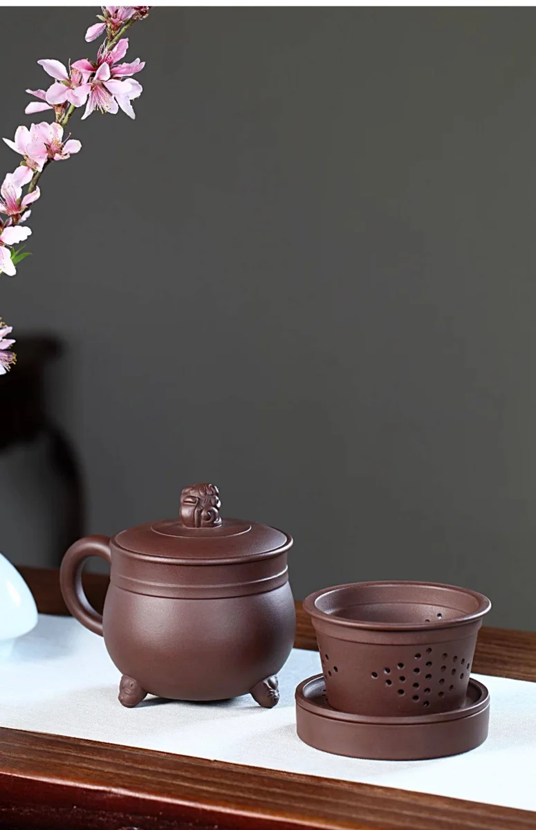 宜兴紫砂杯纯手工内胆过滤茶水分离泡茶杯带盖紫泥狮球隔舱盖杯 详情图 5