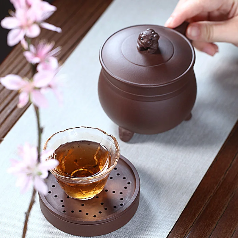 宜兴紫砂杯纯手工内胆过滤茶水分离泡茶杯带盖紫泥狮球隔舱盖杯 - 5