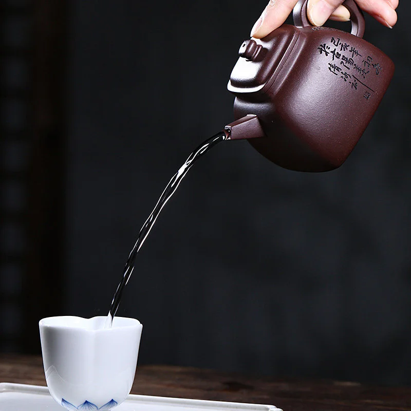 宜兴紫砂壶纯手工紫泥泡茶壶四方器国工朱倩冰全手工刻绘家用茶具 - 4