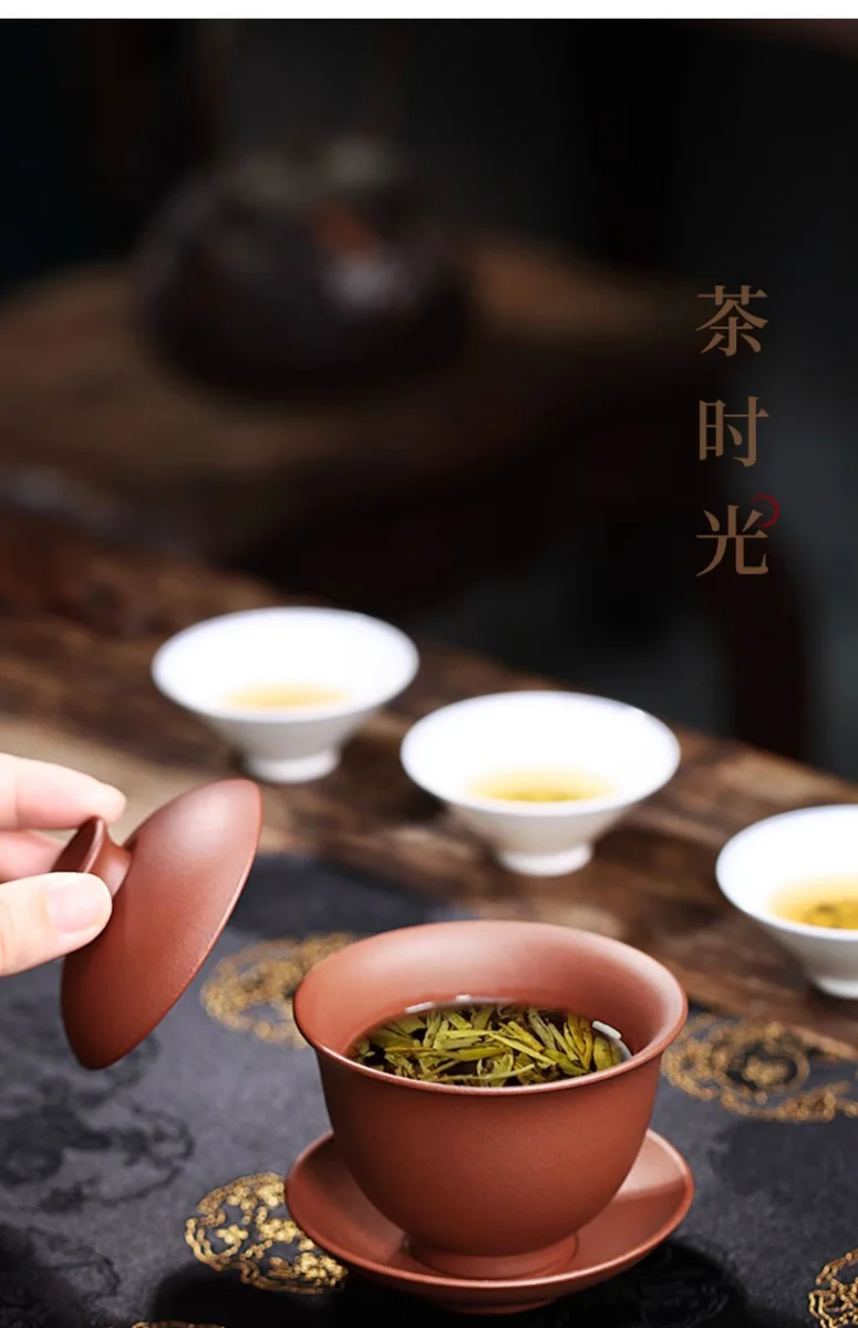 紫砂三才盖碗单个茶碗带盖紫砂杯不烫手敬茶杯茶具套装三泡台盖碗 详情图 10