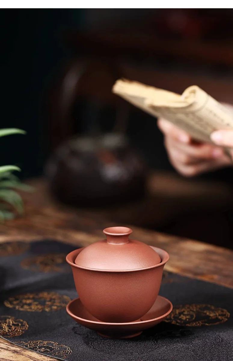 紫砂三才盖碗单个茶碗带盖紫砂杯不烫手敬茶杯茶具套装三泡台盖碗 详情图 22
