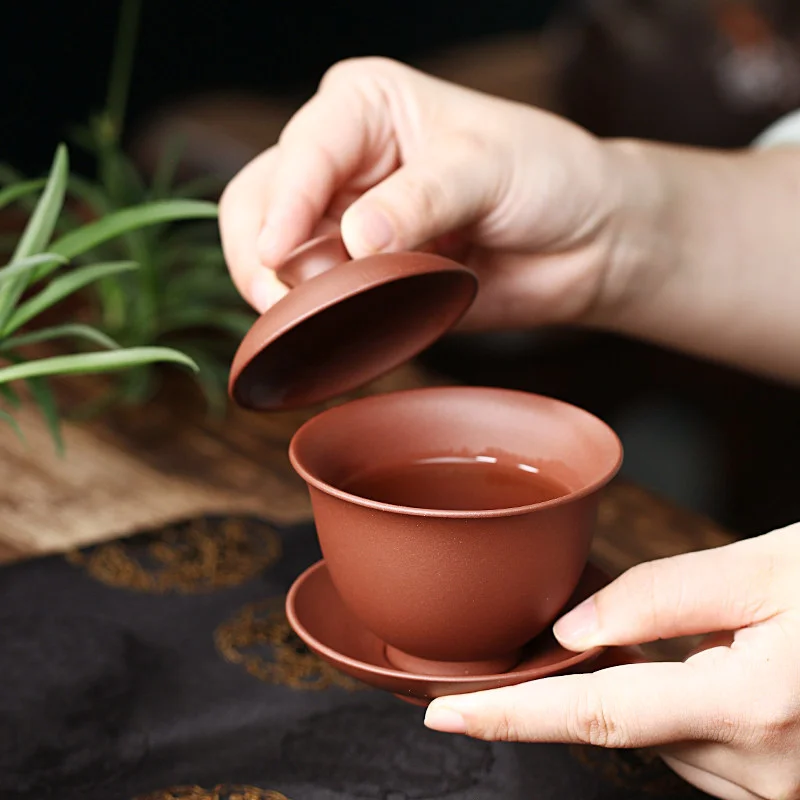 紫砂三才盖碗单个茶碗带盖紫砂杯不烫手敬茶杯茶具套装三泡台盖碗 - 5