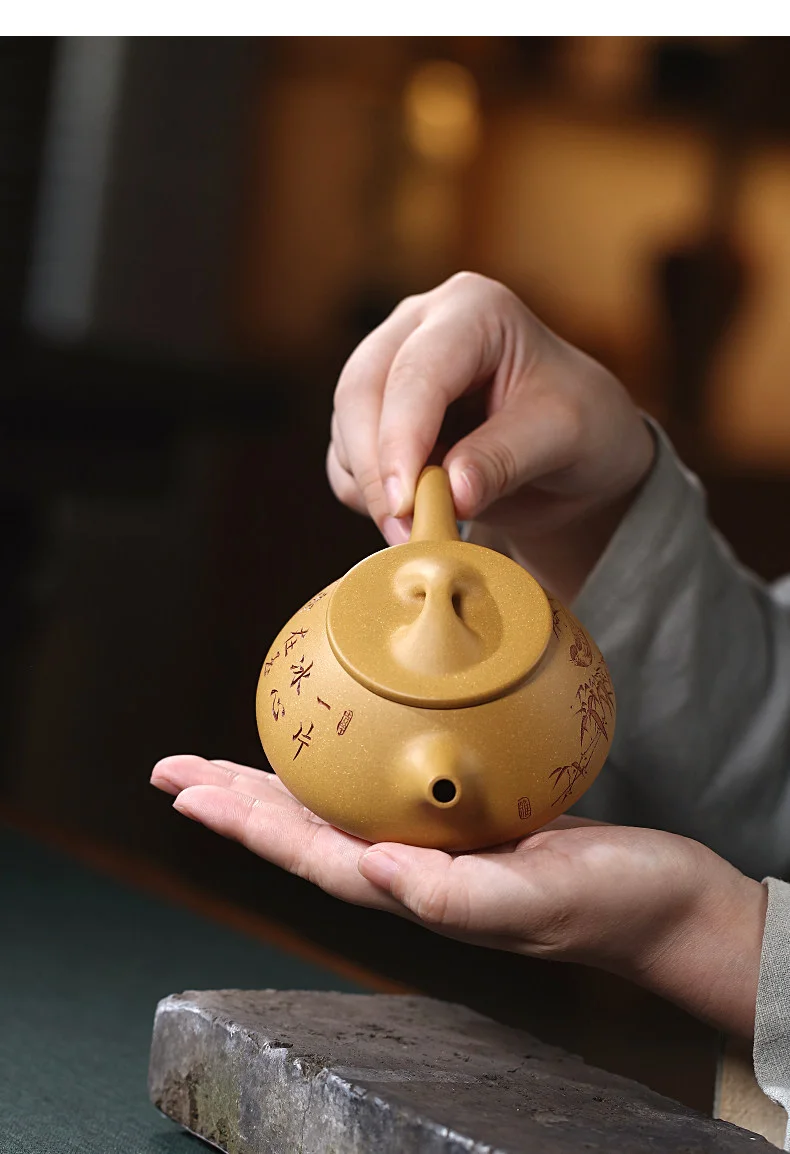 宜兴紫砂壶纯手工刻绘紫砂茶具原矿黄金段泥家用泡茶壶冰心石瓢壶 详情图 12